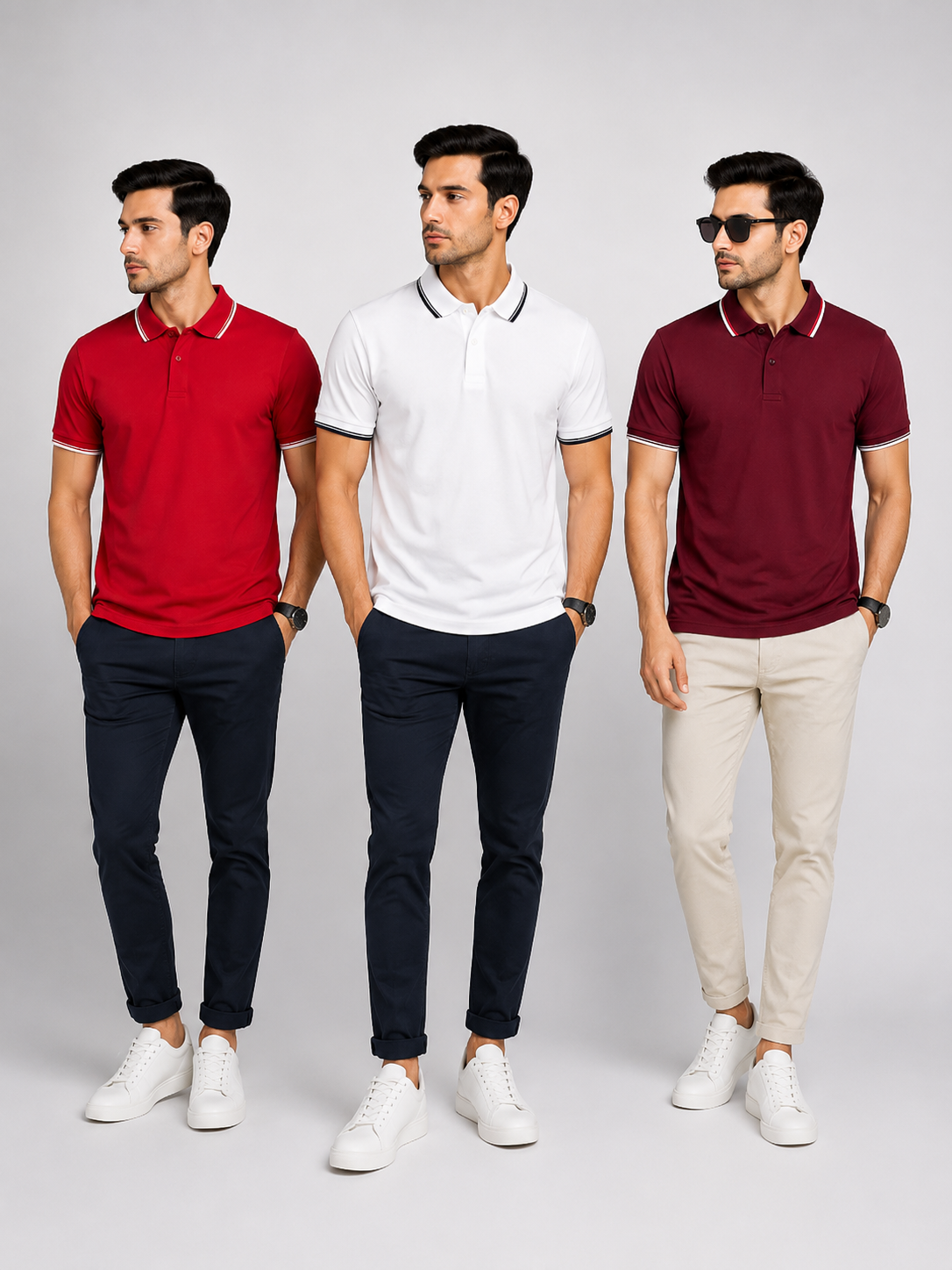 Primo Knit Dotcell Polo T-Shirts Combo Pack of 3 – Red, White & Maroon